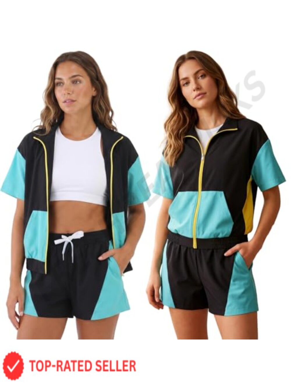 80s 90s Retro Color Block 2 Piece Tracksuit Set Windbreaker Shorts